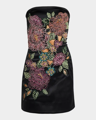 Area Crystal Flower Cutout Strapless Mini Dress In Black