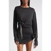 Area Crystal Flower Draped Long Sleeve Crop Top In Black