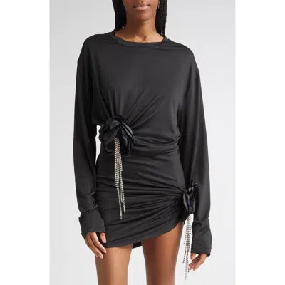 Area Crystal Flower Draped Long Sleeve Crop Top In Black