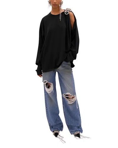 Area Crystal Fray Relaxed Jeans In Medium Blue