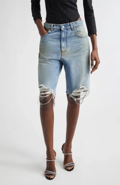 Area Crystal Frayed Cutoff Shorts In Blue