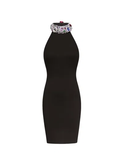 Area Crystal Gemstone Cluster Halter Mini Dress Black