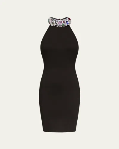 Area Crystal Gemstone Halter Mini Dress In Black
