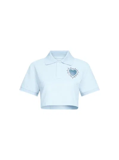 Area Crystal Heart Cut Out Cropped Polo Baby Blue