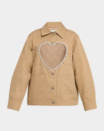 Area Crystal Trim Heart Cutout Cargo Jacket In Neutral