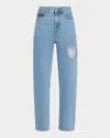 Area Crystal Heart Cutout Straight-leg Ankle Jeans In Light Blue