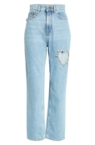 Area Crystal Heart Cutout Straight-leg Ankle Jeans In Light Blue