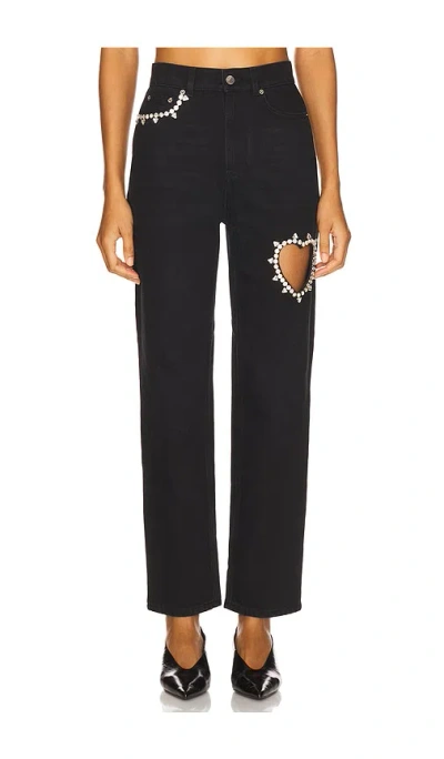 Area Crystal Heart High Rise Straight Leg Jeans In Black