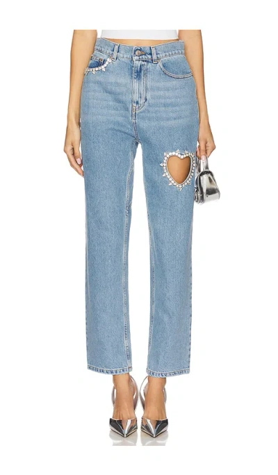 Area Crystal Heart Cutout Straight-leg Ankle Jeans In Light Blue