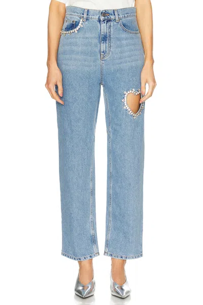 Area Crystal Heart Cutout Straight-leg Ankle Jeans In Light Blue
