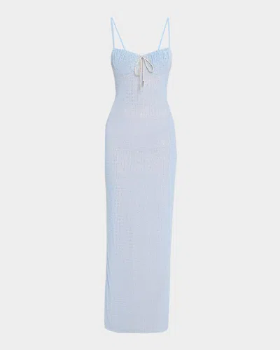 Area Crystal Hotfix Mesh Bustier Column Gown In Blue