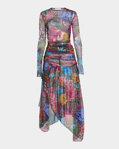 Area Crystal Embellished Floral Long Sleeve Tulle Midi Dress In Multi