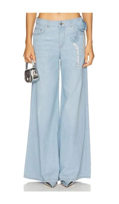 Area Crystal Rosette Wide Leg Jean In Super Light Blue