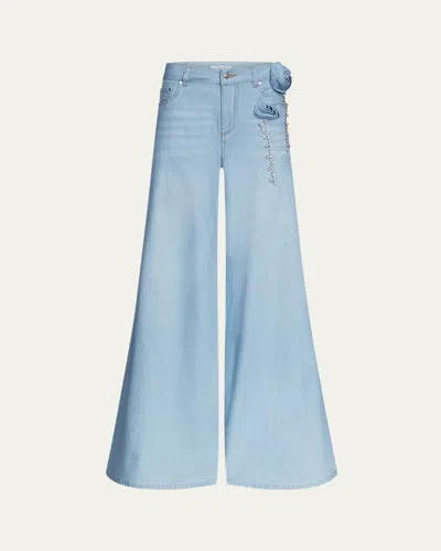 Area Crystal Rosette Wide Leg Jeans In Super Light Blue