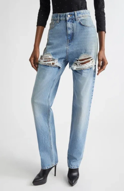 Area Crystal Slit Frayed Straight Leg Jeans In Blue