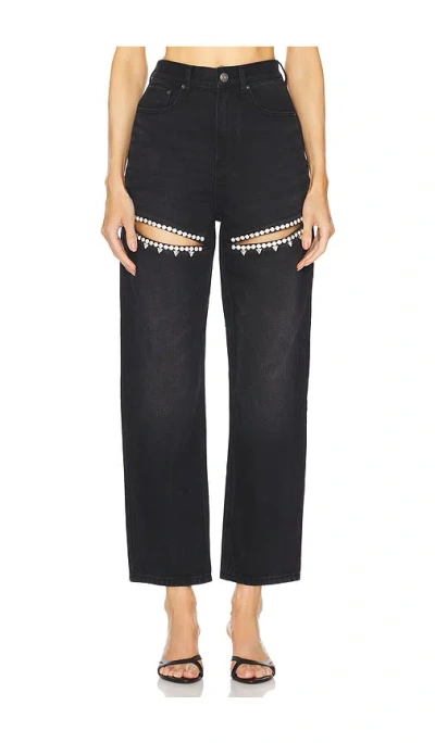 Area Crystal Cutout Slit Straight Leg Jeans In Black