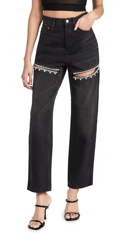 Area Crystal Cutout Slit Straight Leg Jeans In Black