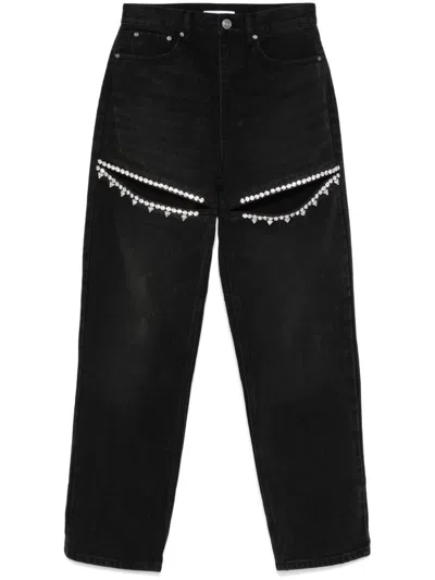 Area Crystal Cutout Slit Straight Leg Jeans In Black