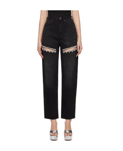 Area Crystal Cutout Slit Straight Leg Jeans In Black
