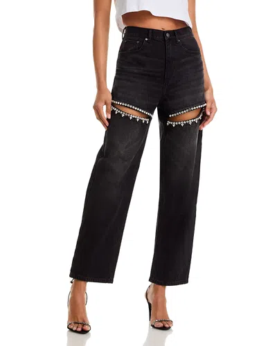 Area Crystal Cutout Slit Straight Leg Jeans In Black
