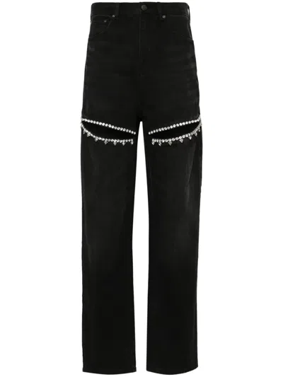 Area Crystal Cutout Slit Straight Leg Jeans In Black