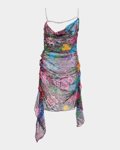 Area Crystal Strappy Ruched Tulle Mini Dress In Multi