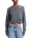 Area Crystal Distressed Crop Cashmere Sweater In Gray