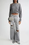 Area Distressed Crystal Organic Cotton & Cashmere Crewneck Sweater In Gray
