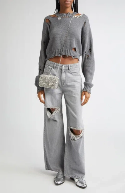 Area Distressed Crystal Organic Cotton & Cashmere Crewneck Sweater In Gray