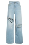 Area Distressed Crystal Trim Relaxed Slit Jeans In Blue