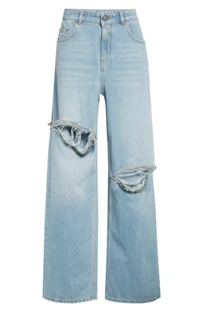 Area Distressed Crystal Trim Relaxed Slit Jeans In Blue