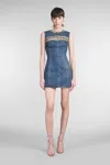 Area Crystal Button Studded Slit Denim Mini Dress In Blue