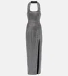 Area Crystal Embellished Halter Slit Gown In Black