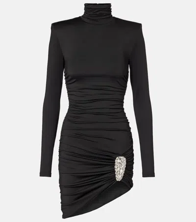 Area Crystal Cluster Ruched Turtleneck Mini Dress In Black