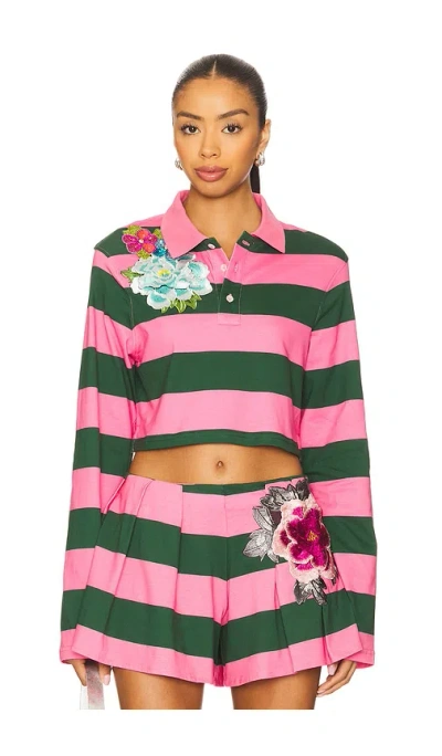 Area Embroidered Flower Cropped Polo Top