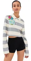 Area Embroidered Flower Rugby Stripe Crop Polo In Blue