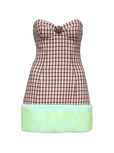 Area Faux Fur Trim Strapless Mini Dress