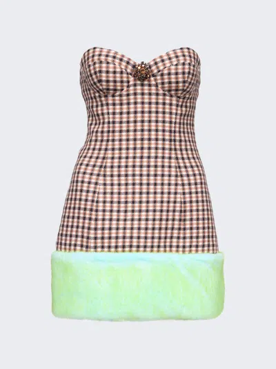 AREA FAUX FUR TRIM STRAPLESS MINI DRESS