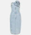 Area Strapless Denim Midi Dress With Flower Corsage In Blue