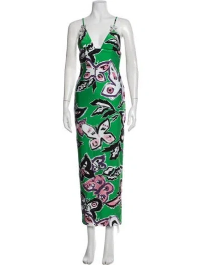 Pre-owned Area Floral Print Long Dress In Green