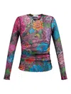 Area Crystal Embellished Printed Tulle Long Sleeve Top In Multi