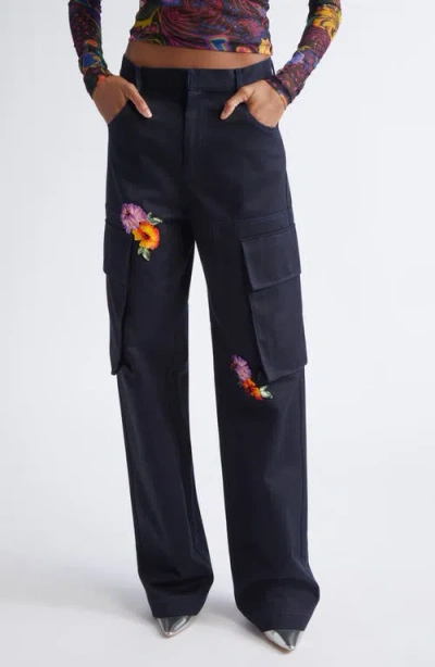 Area Flower Embellished Cargo Pants In Blue
