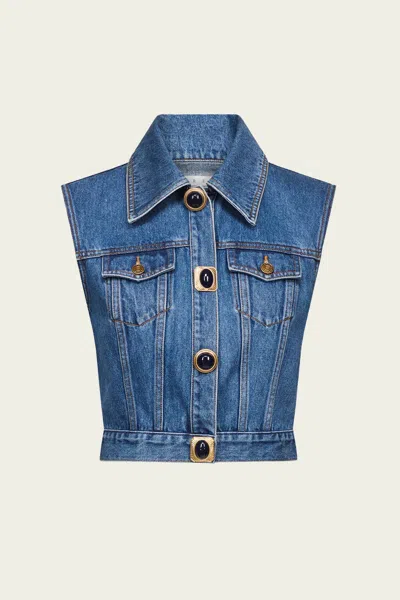 AREA GEMSTONE BUTTON DENIM GILET IN MEDIUM BLUE
