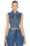 Area Gemstone Button Denim Gilet In Medium Blue In Medium Blue