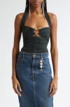 Area Heart Hardware Strapless Ruched Jersey Halter Top In Green