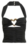 Area Heart Hardware Strapless Ruched Jersey Halter Top In Green