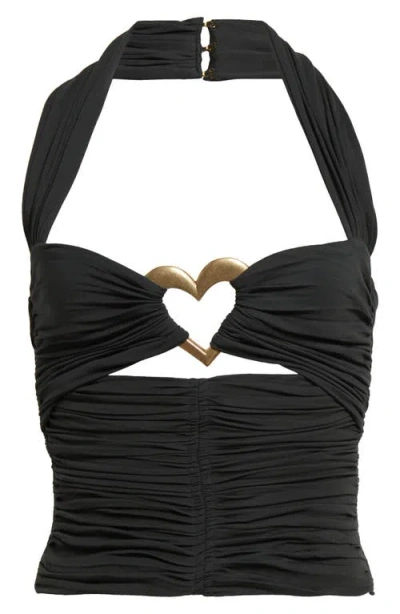 Area Heart Hardware Strapless Ruched Jersey Halter Top In Green