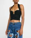 Area Heart Hardware Strapless Ruched Jersey Halter Top In Green
