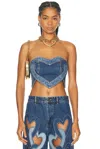 Area Blue Patchwork Heart Bandeau Denim Top In Multi Denim Wash