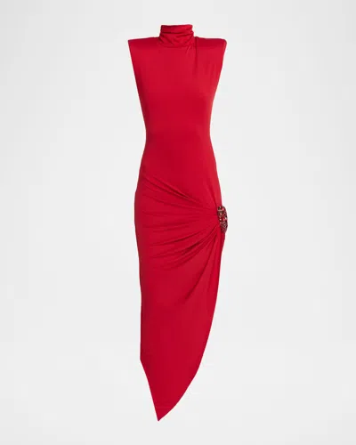 Area High-neck Crystal Cluster Ruched Dress In Red